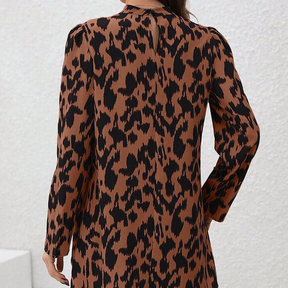 Multicolor Casual Women's Allover Printed Stand Collar High Low Blouse - Picture 2 of 6